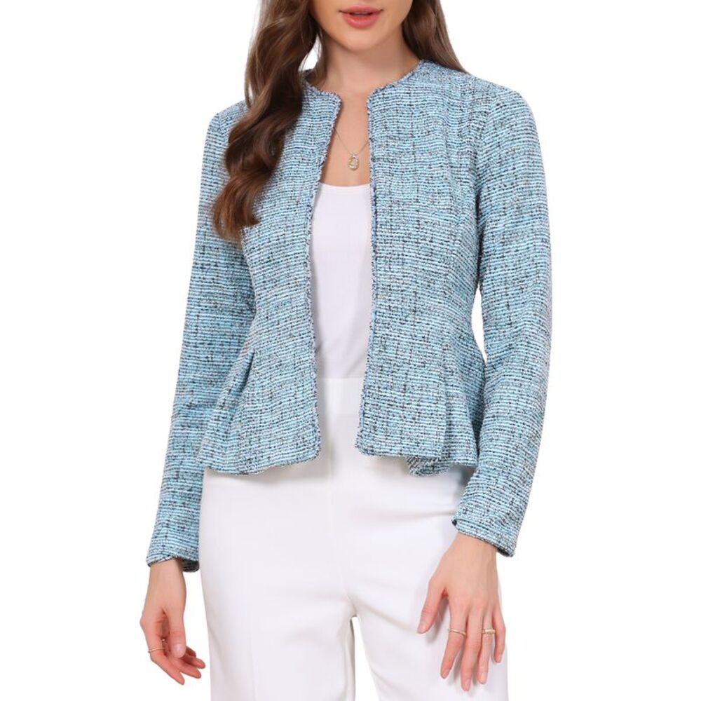 Women's Cropped Blazer for Work Casual Tweed Open Front Jackets Blue